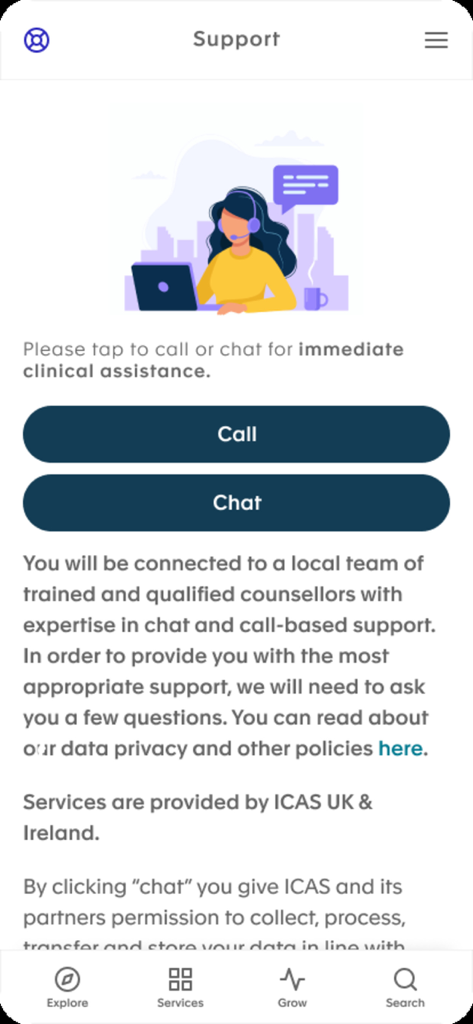 Support-Bildschirm der Lyra Wellbeing Hub App mit Anruf- und Chat-Schaltflächen für sofortige klinische Hilfe mit einer Illustration eines Beraters.