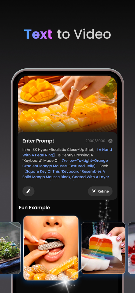 AI Video Generator & Photo AI - Mobile app interface for AI Video Generator showing a text-to-video prompt and realistic creative video examples.