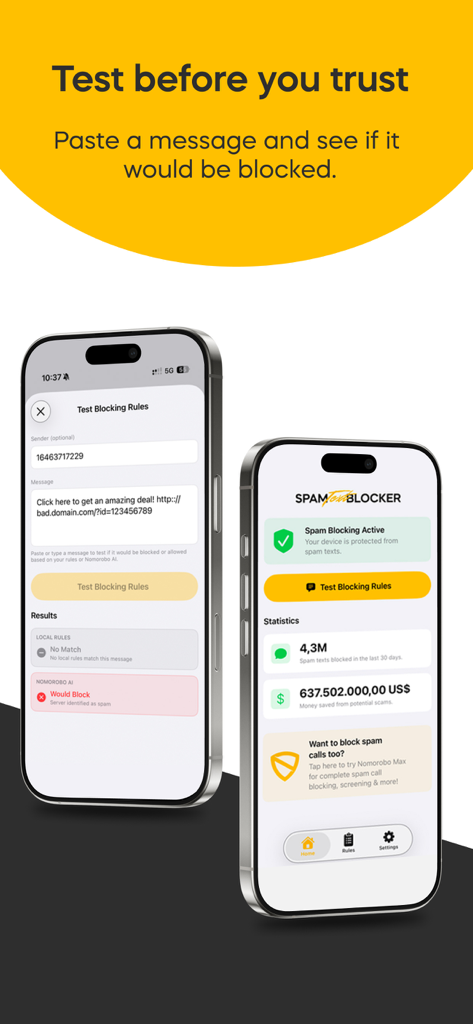 Spam Text Blocker by Nomorobo app interface showing how to test a message and global blocking statistics