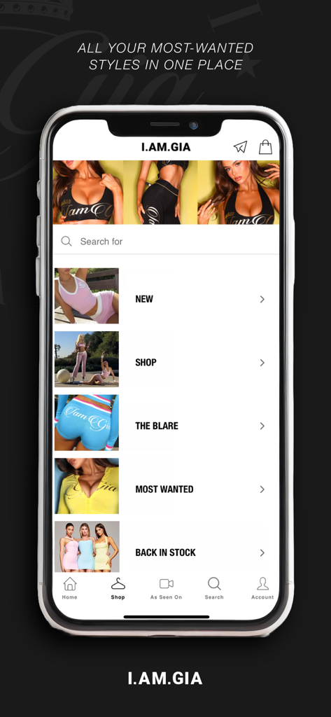 I.AM.GIA US & Canada - Home screen of the I.AM.GIA mobile app showcasing streetwear fashion categories and new arrivals.