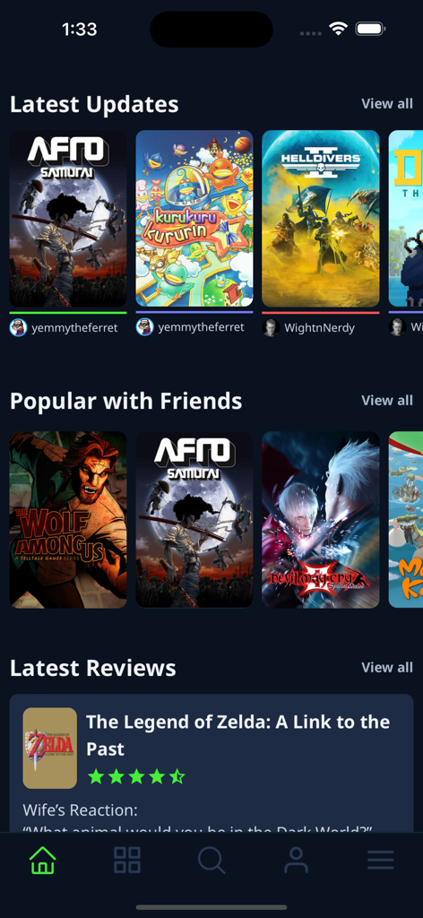 GG gaming app home screen with game updates and community reviews
