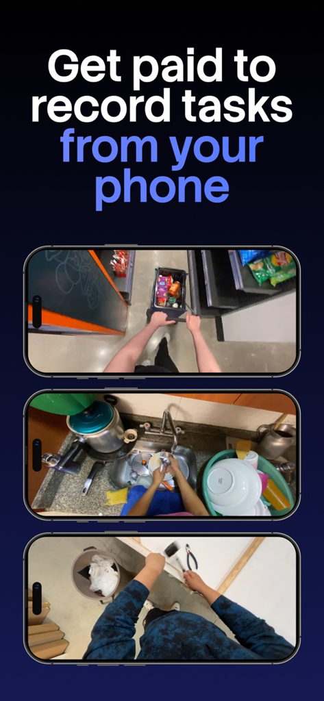 Atlas Capture mobile app interface showing first-person video recordings of everyday tasks like shopping and washing dishes.