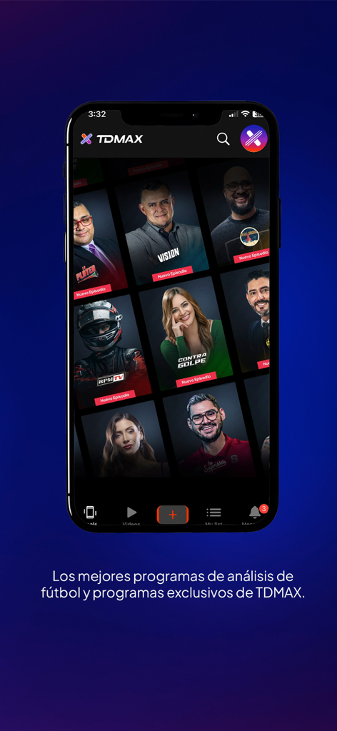 iPhone screen displaying exclusive soccer analysis and sports programs on the TDMAX app interface