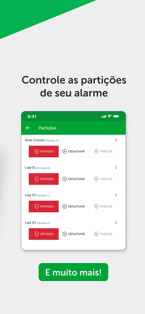 Interface of the Intelbras Guardian app showing the control panel for multiple alarm partitions for different business locations