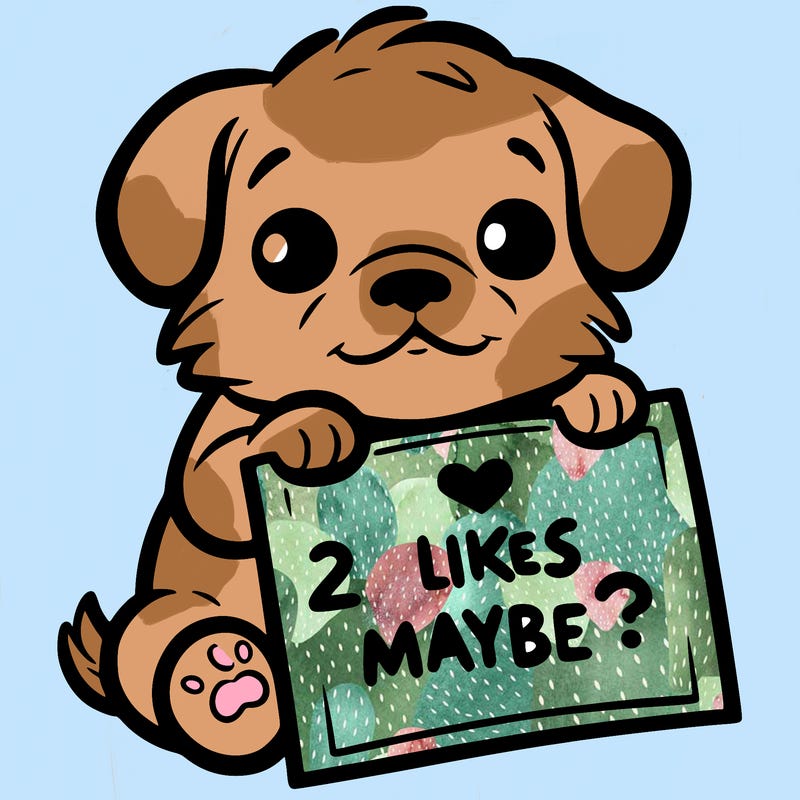 a puppy holding a sign that says 2 likes maybe?