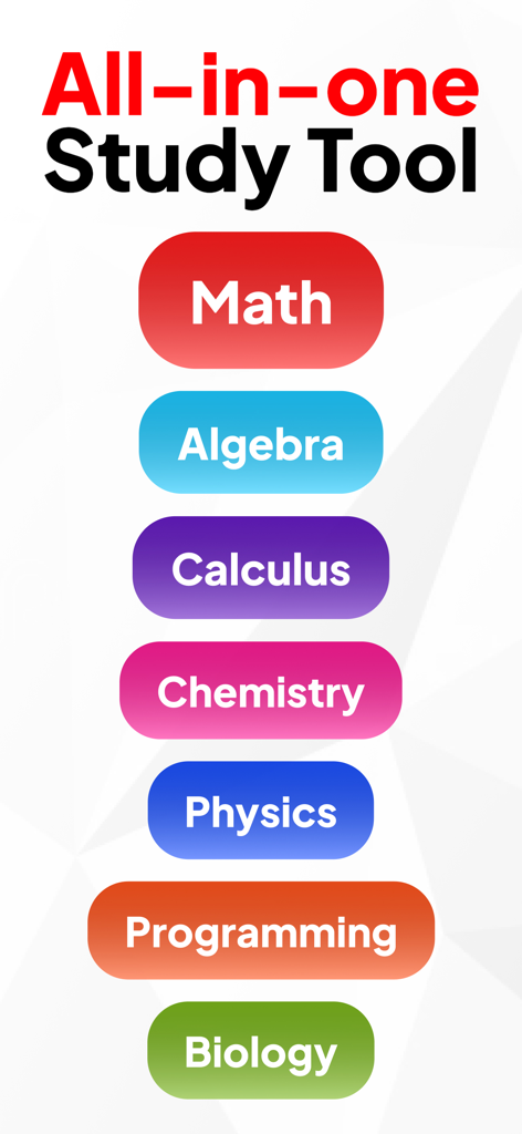 AI Math Solver - MathStar - List of academic subjects supported by MathStar AI solver including Math Algebra Calculus Chemistry Physics Programming and Biology