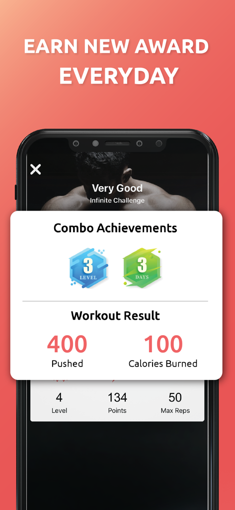 Push Up Challenge - Push Ups - Screenshot of the Push Up Challenge app displaying workout results and earned achievement badges for levels and daily consistency.