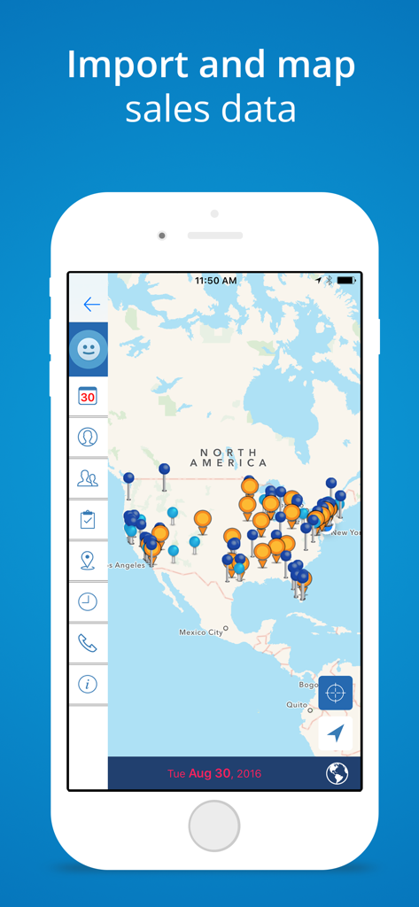 Mapview Sales Route Planner - Mapview app interface showing imported sales data as colored pins across a map of North America