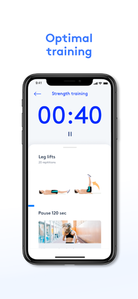 Ein Smartphone-Bildschirm mit dem Krafttraining-Workout der vicoach-App mit Anweisungen für Beinheben und einem Timer