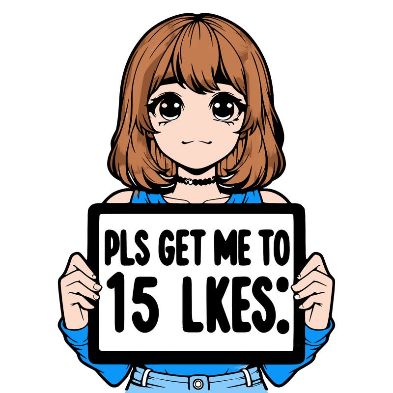 realistic girl holding up a sign that says “pls get me to 15 likes!”