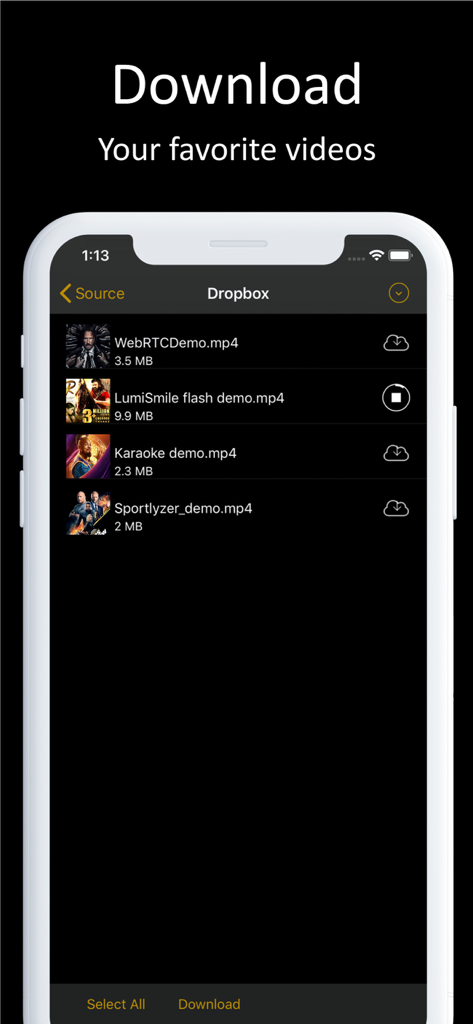 Movies Box - 오프라인 시청을 위해 Dropbox에서 다운로드 중인 비디오 파일 목록을 보여주는 Movies Box 앱 화면
