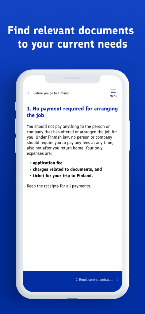 Work Help Finland - Schermata di un'app mobile con informazioni legali sulle commissioni di reclutamento del lavoro e sui diritti dei lavoratori in Finlandia