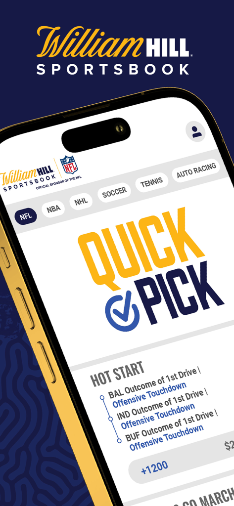 William Hill Nevadaアプリのモバイル画面。NFLゲームのクイックピックベッティング機能とパーレイオッズが表示されています。