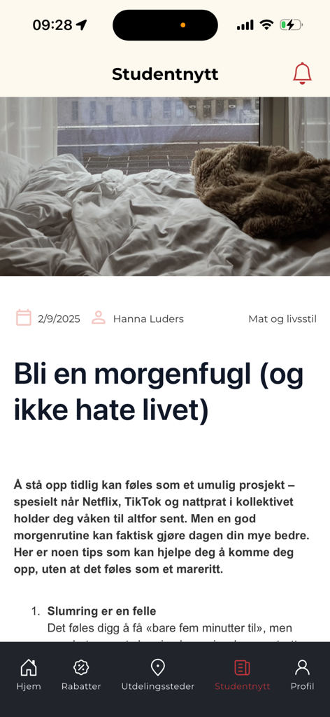 Studentpakken - A lifestyle article titled Become a morning bird on the Studentpakken student news section.