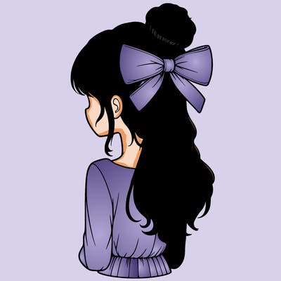 realistic girl  with hip length hair a bun and a big bow on the back of head