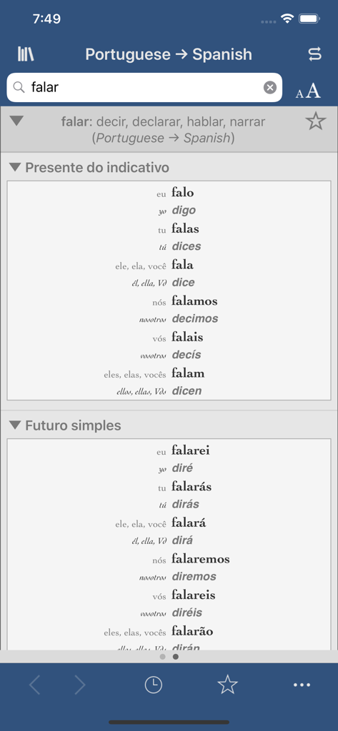 Ultralingua Spanish-Portuguese - Tela de conjugação verbal de português para espanhol mostrando os tempos presente e futuro para o verbo falar