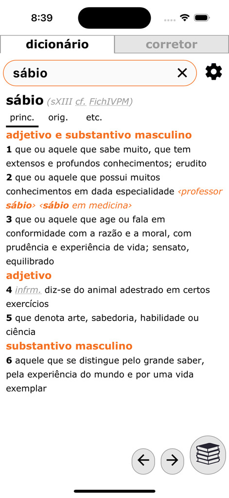 Houaiss.on - Interface of the Houaiss.on app showing the Portuguese dictionary definition for the word sabio