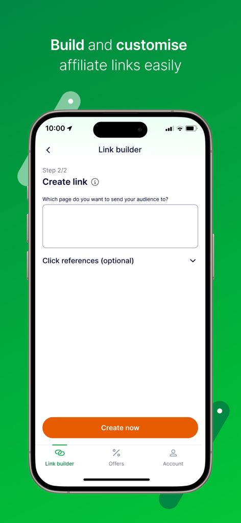 Schermata Link Builder dell'app Awin per creare link affiliati personalizzati su dispositivi mobili