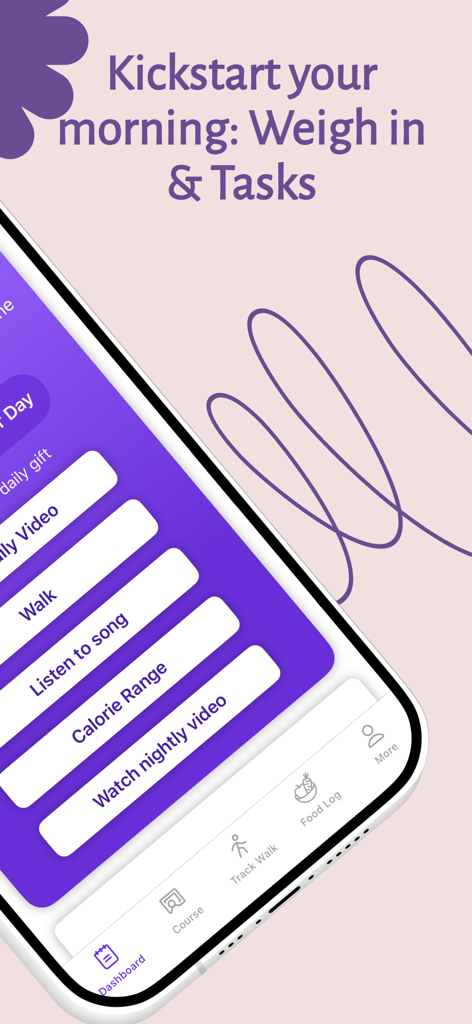 MyBodySlims - MyBodySlims app dashboard showing daily tasks for morning weigh in walking and calorie tracking