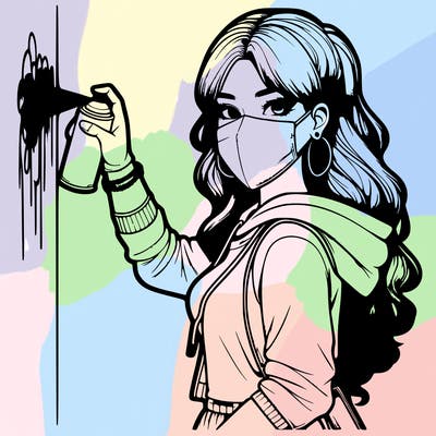 realistic girl with mask spray painting a wall