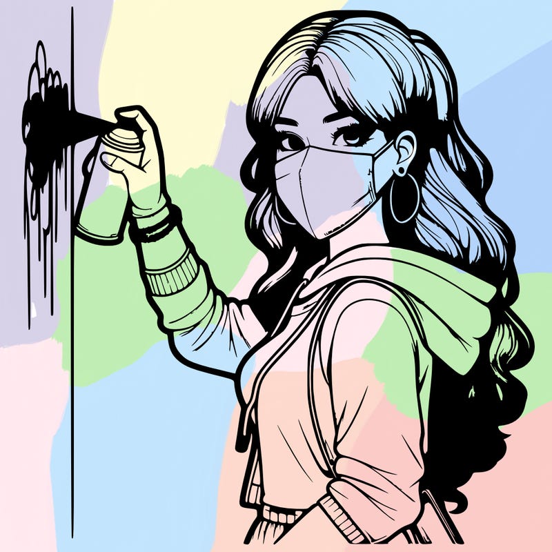 realistic girl with mask spray painting a wall