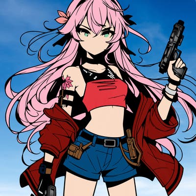 bad girl wearing crop top holding a gun long hair anime