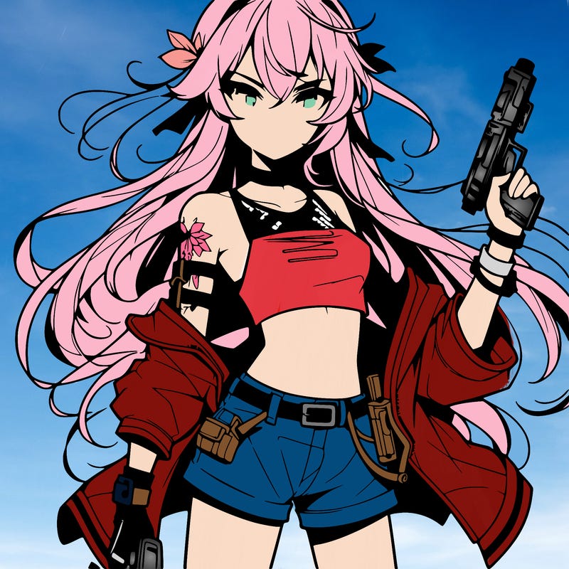 bad girl wearing crop top holding a gun long hair anime
