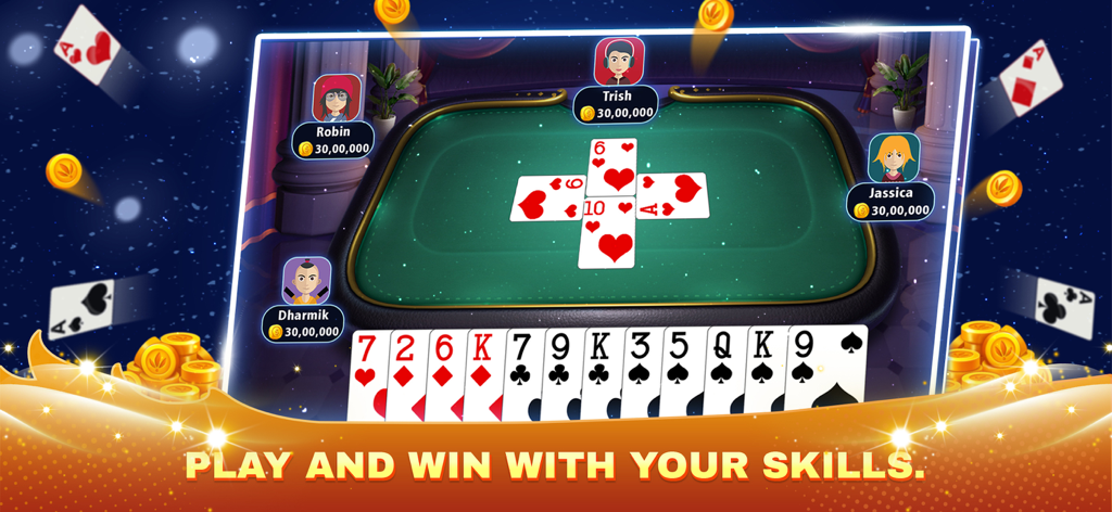 Callbreak Game - Screenshot of Callbreak card game showing four players at a digital table with cards and coins