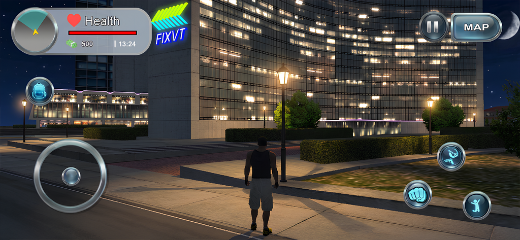 GTA V Mobile : City War MOD - Jugabilidad en tercera persona que muestra a un personaje caminando por una ciudad moderna por la noche con controles móviles en pantalla.