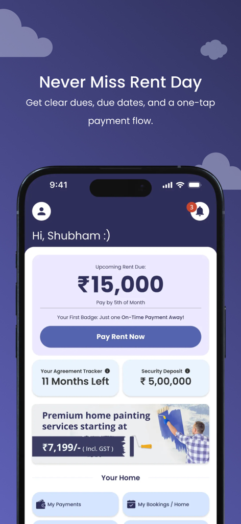 NestAway - NestAway app dashboard displaying rent due and rental agreement details