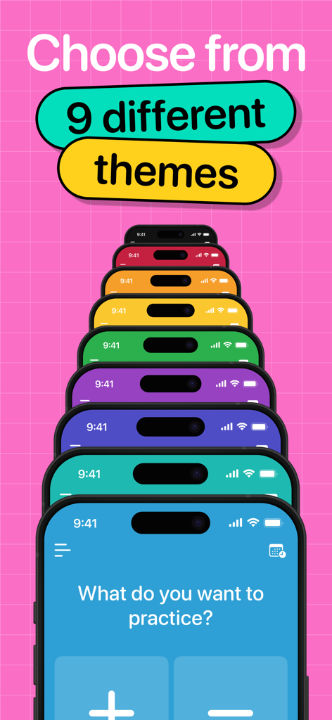 A variety of nine colorful themes available in the Math Facts Flash Cards app.