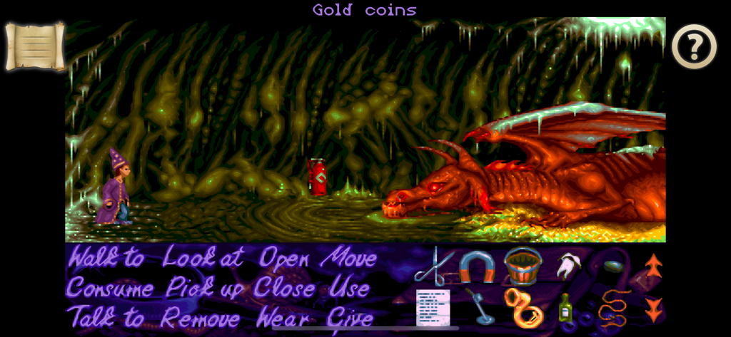 Simon the Sorcerer standing in a cave near a sleeping red dragon and gold coins