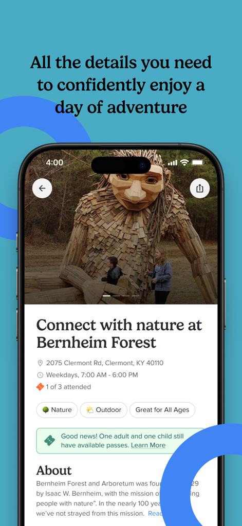 Mobile app screen showing venue details for Bernheim Forest including hours location and available passes