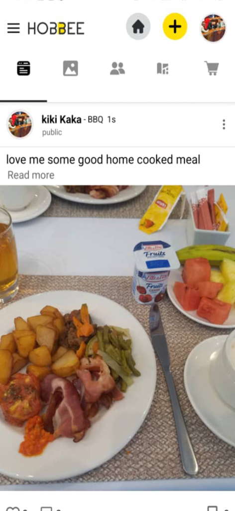 Hobbee - Hobbee 앱 스크린샷으로, 사용자의 바비큐 취미 게시물이 집에서 요리한 음식을 특징으로 보여줍니다.