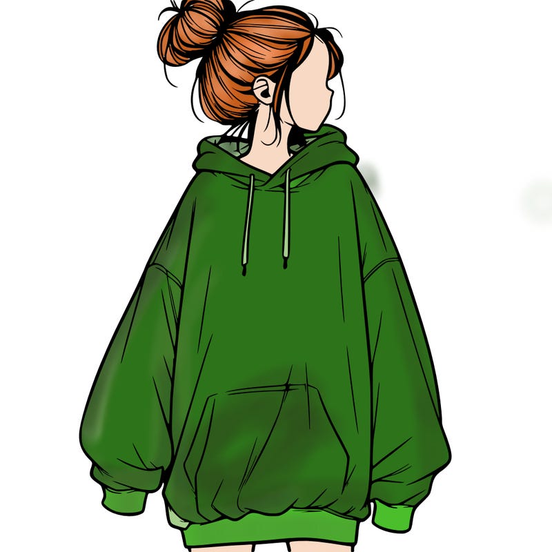 realistic girl with a oversized sweatshirt on and a bun