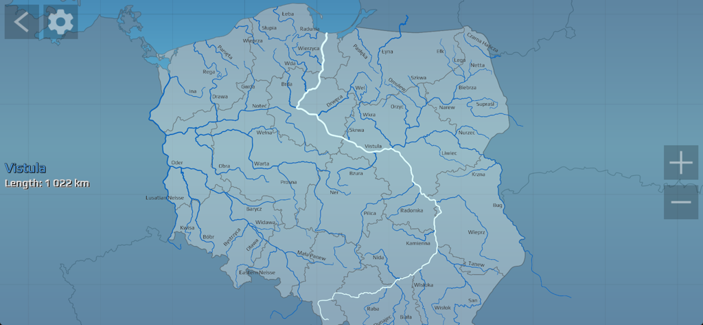 Poland Quiz (Qbis Studio) - Educational map of Poland showing major rivers and highlighting the Vistula