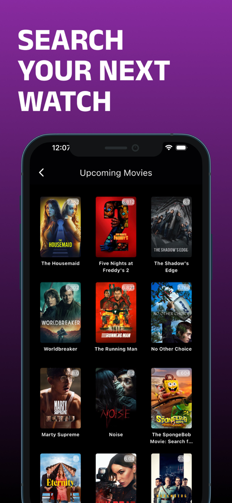 Lok l0k: Watch Drama TV,Movies - A mobile app interface showing a grid of upcoming movie posters under the heading Search Your Next Watch