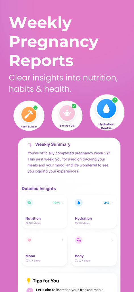 Pregnancy Food: PregnancyPlate - 건강 인사이트, 영양 추적, 성과 배지를 보여주는 주간 임신 보고서 화면.