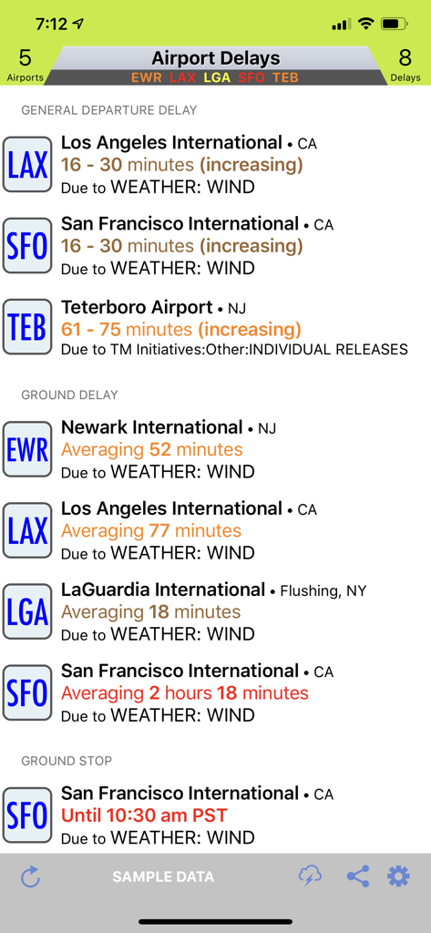 FAAwait app interface listing real-time US airport delays and ground stops