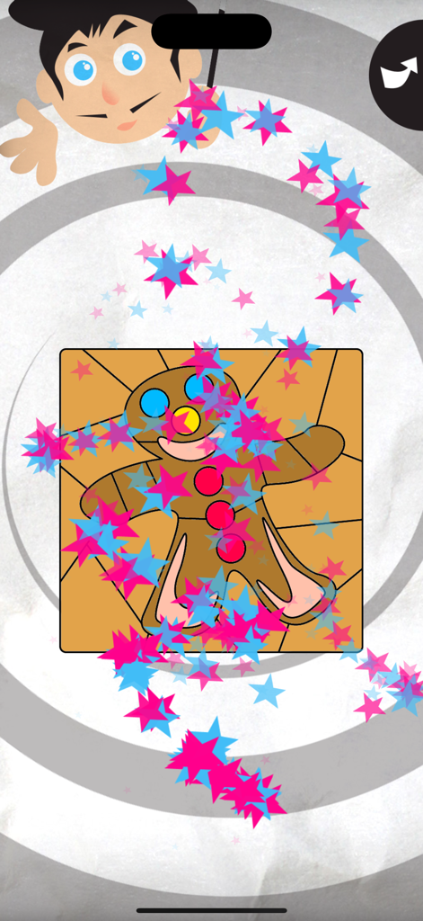 Magic Coloring - Una página de colorear completada de un hombre de jengibre con estrellas mágicas rosas y azules flotando en la pantalla.