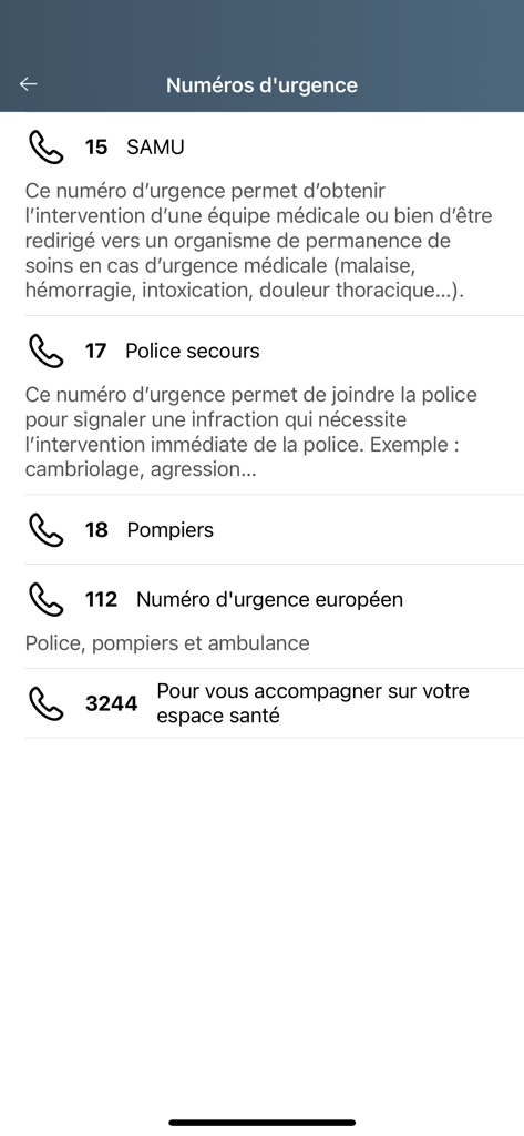EVA Santé - Lista de números de emergencia franceses, incluidos SAMU, policía y bomberos, en la aplicación EVA Sante.