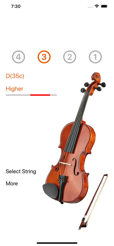 Violin Tuner mobile app interface showing tuning indicators and a violin