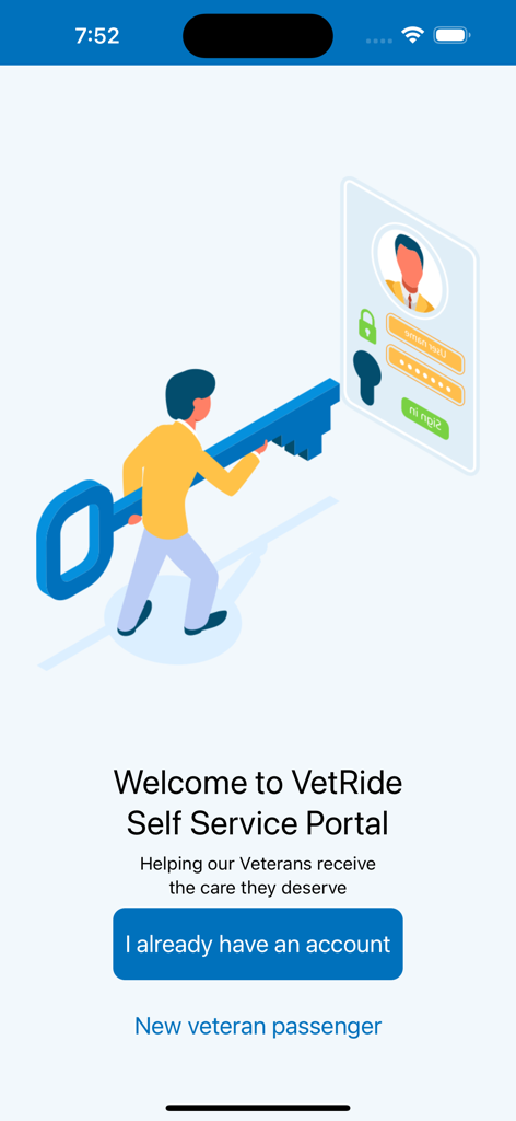 VetRide Passenger - Welcome screen for the VetRide Self Service Portal app featuring options for existing and new veteran passengers to sign in or register.