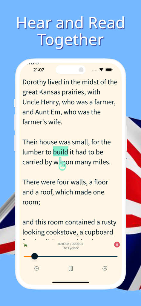 English Reading & Audio Books - English reading and audio book app interface showing text and audio controls for simultaneous learning