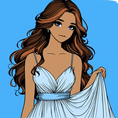 realistic girl in flowy silky prom dress