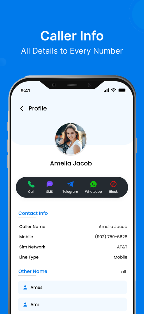 Caller Name Announcer App - Tela de perfil do Aplicativo Announcer de Nome de Chamada mostrando informações detalhadas de contato e botões de ação rápida para um chamador chamado Amelia Jacob.