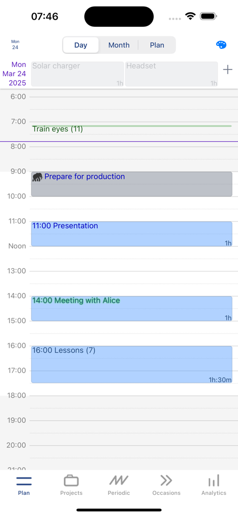 TimeMan - TimeMan app interface showing a daily time-blocked schedule with tasks and appointments