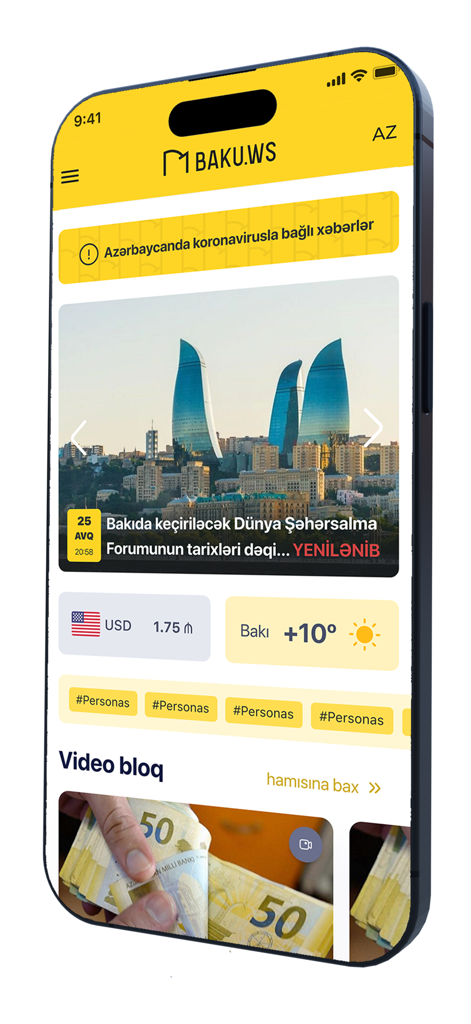 Baku.Ws Xəbər Agentliyi - Baku.Ws mobile news app interface showing headlines weather in Baku and currency exchange rates