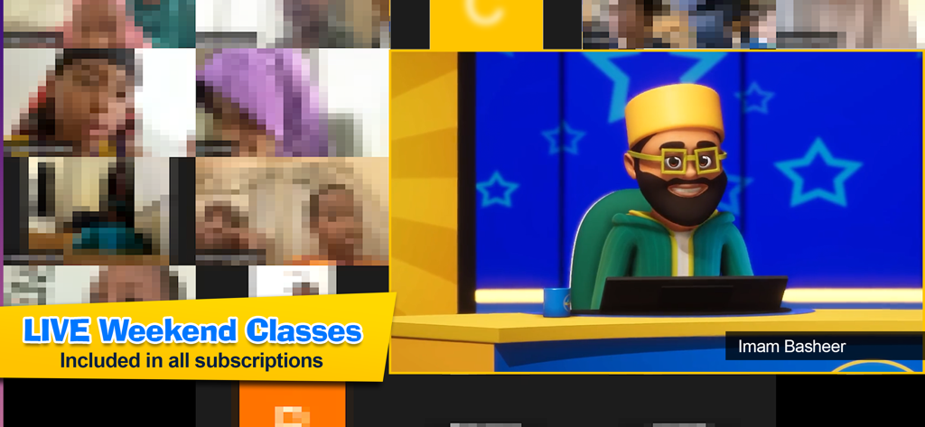 Ali and Sumaya: School - Imam Basheer animado em 3D ensinando aulas ao vivo de fim de semana para crianças no aplicativo Ali and Sumaya School