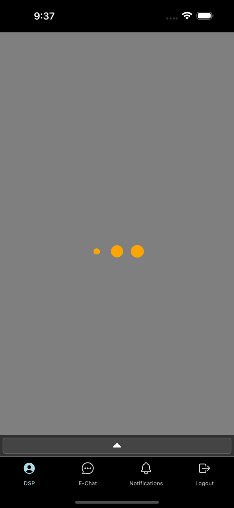 Enagic app interface featuring a loading animation and navigation bar with icons for DSP, E-Chat, and Notifications.